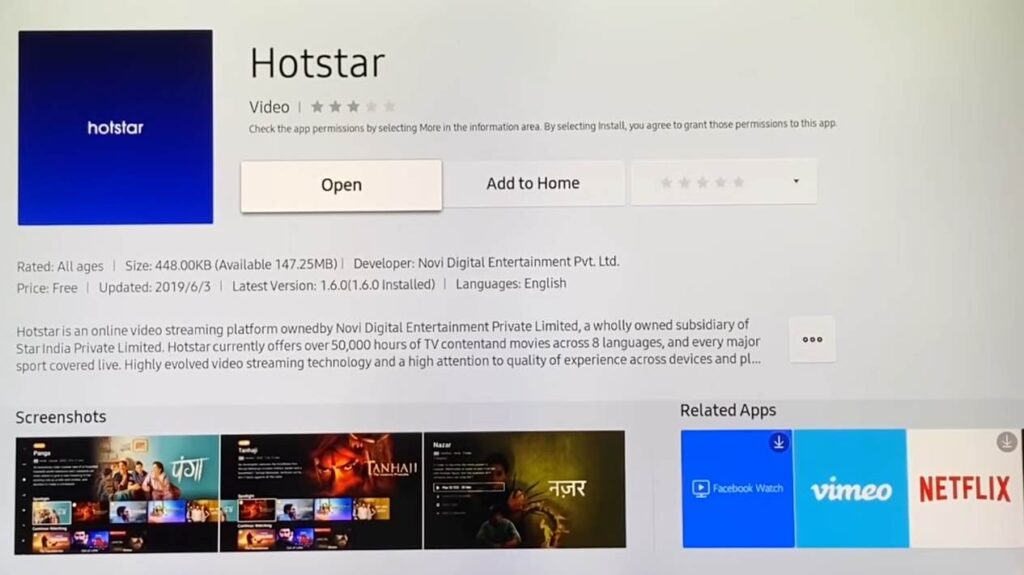 Hotstar App on Samsung TV